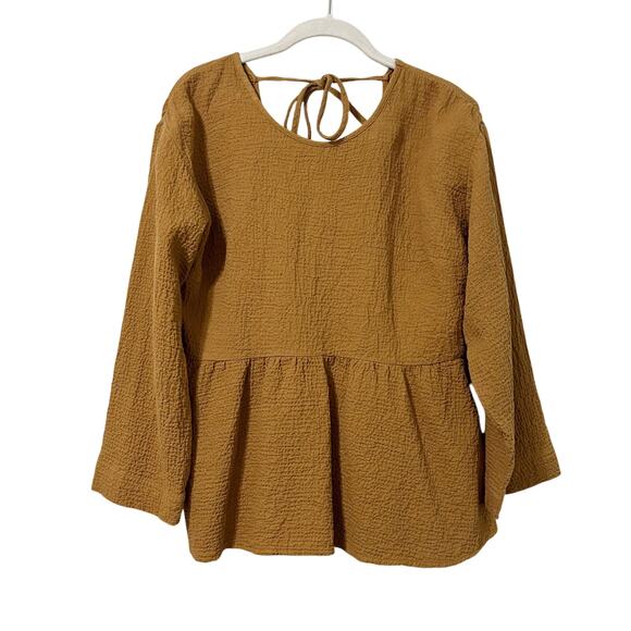 Madewell Top Women Small Brown Peplum Open Back Long Sleeve Cotton Blend - Picture 1 of 9